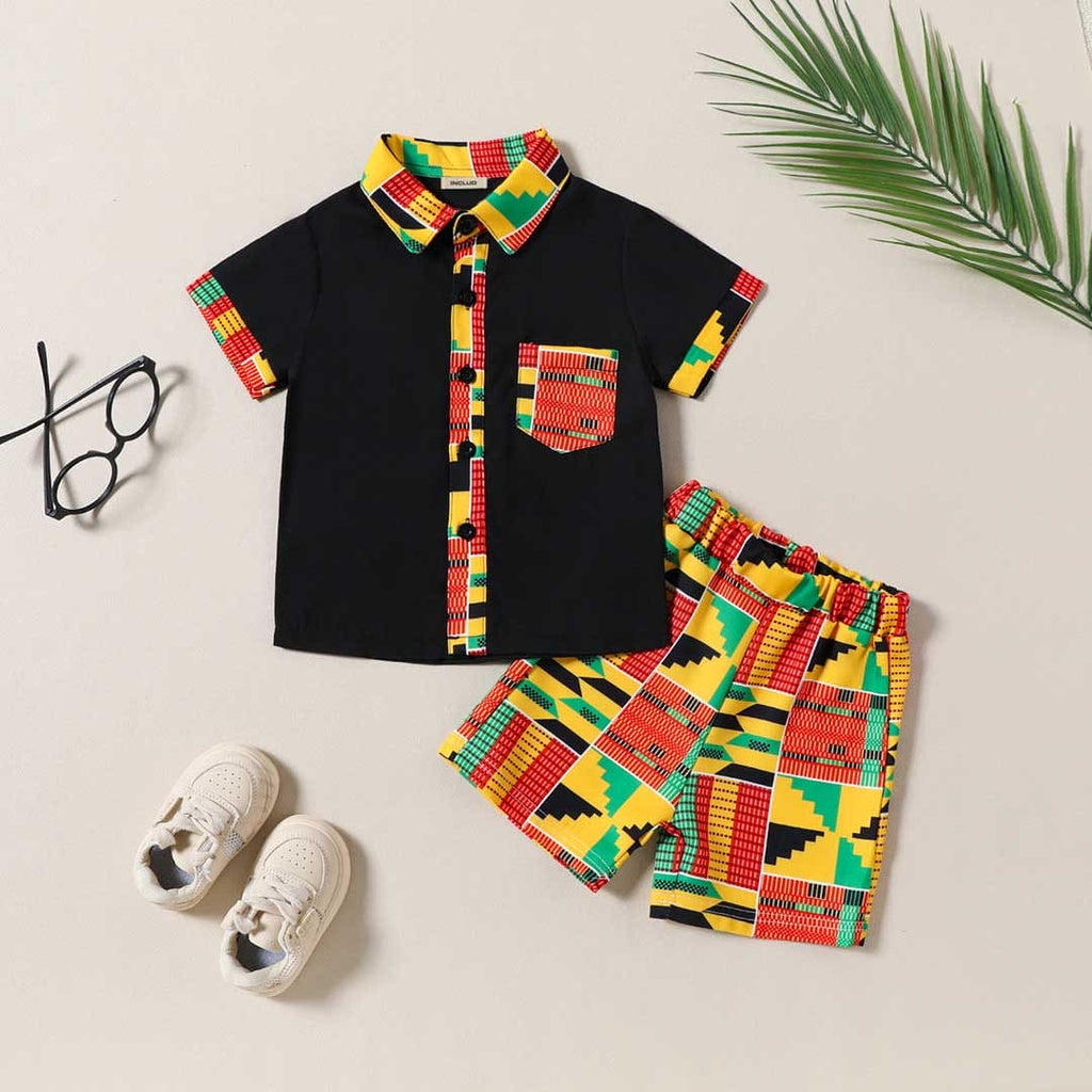 Boys Short Sleeve Shirt With Printed Shorts Set Sets Black 1-2 Y 