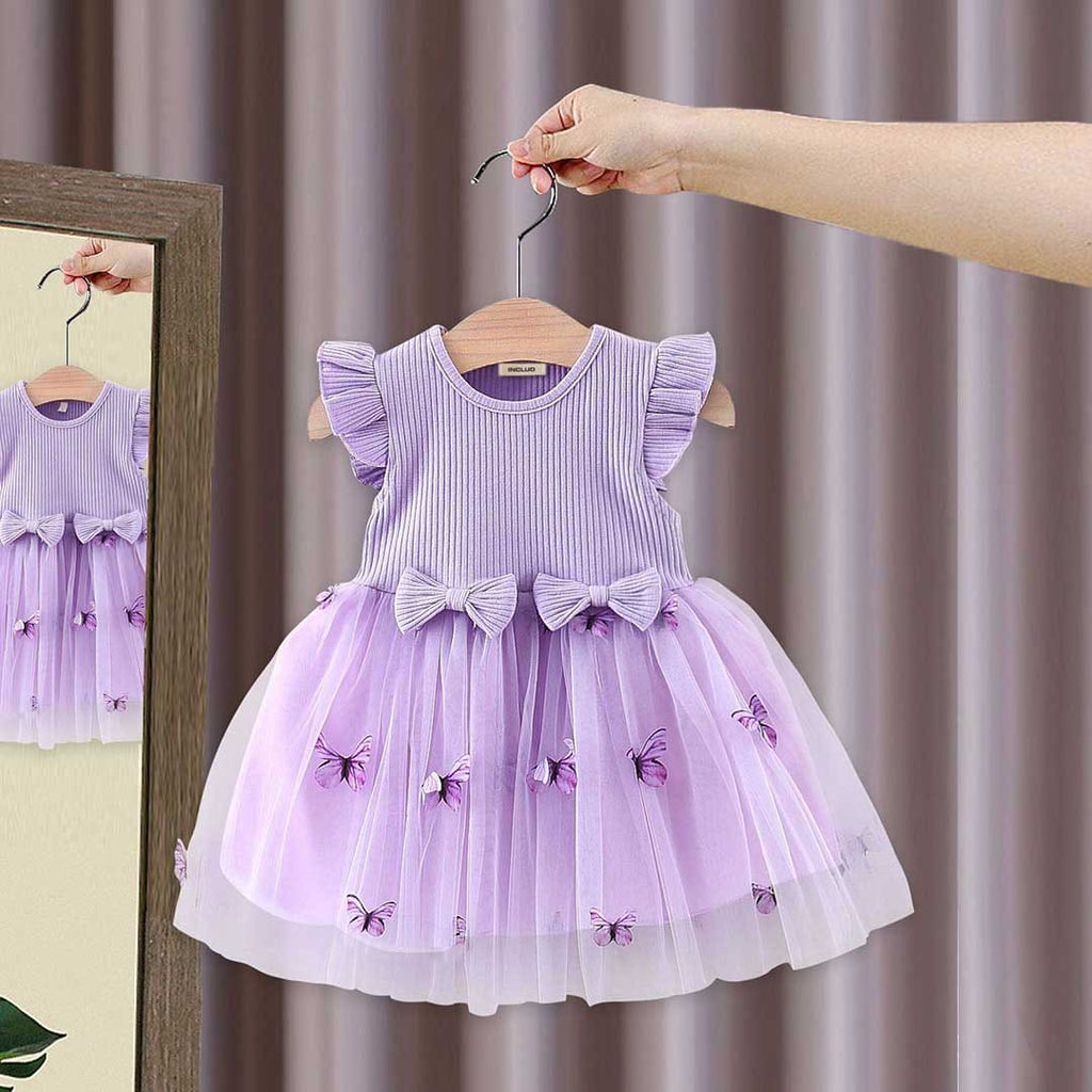 Girls Short Sleeves Butterfly Applique Fit & Flare Dress Casual Dresses Purple 1-2 Y 