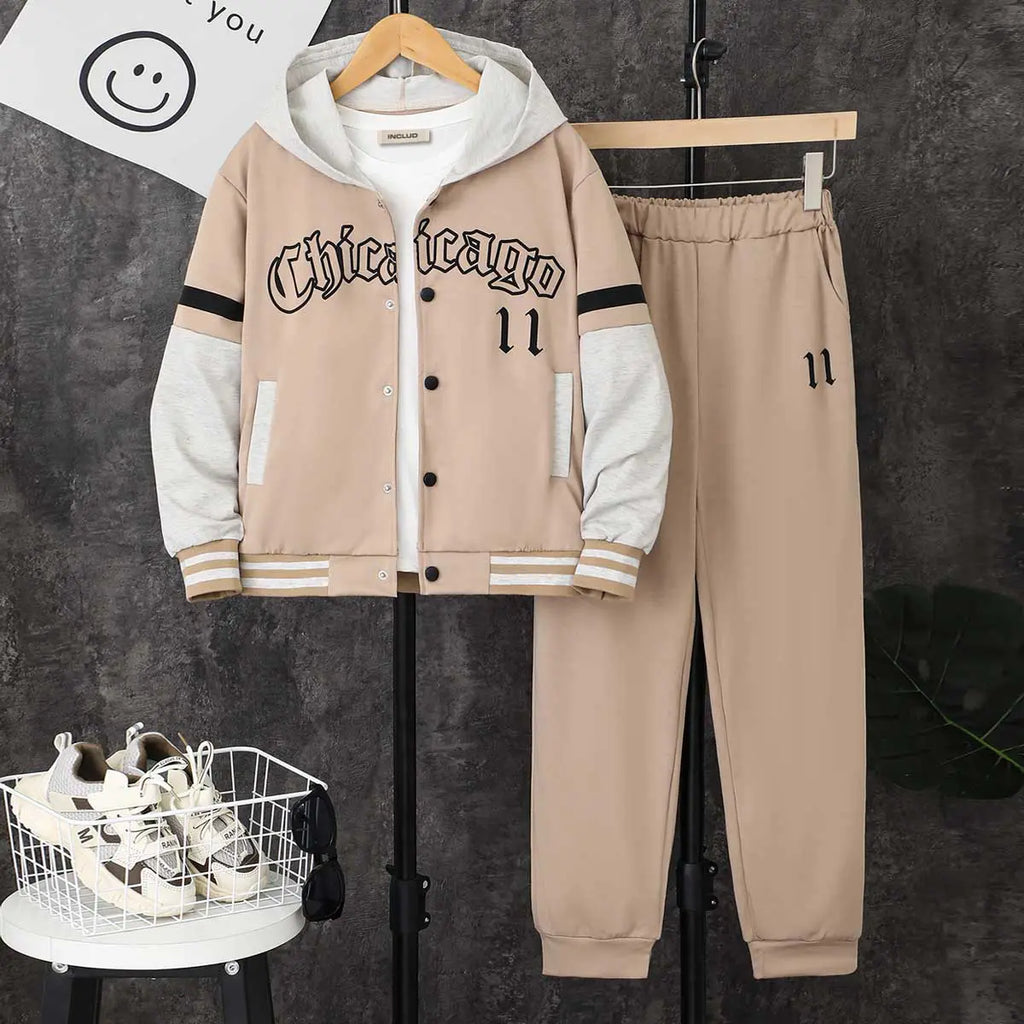 Boys Khaki Typographic Printed Hooded Jacket With Jogger Sets 2 pc. Sets Khaki 7-8 Y