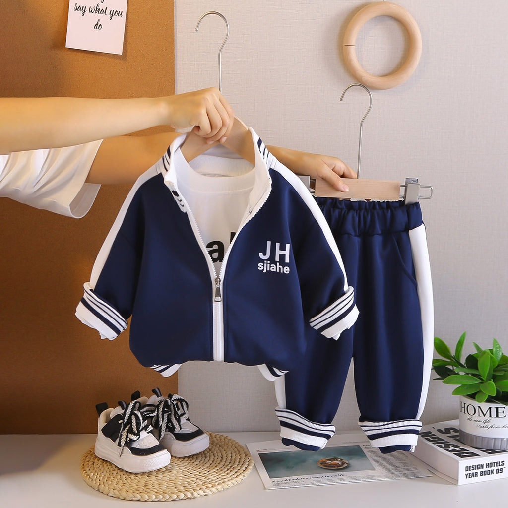Boys Navy Blue Typographic Printed Zipper Jacket With T-Shirt & Joggers Set Sets Navy Blue 1-2 Y
