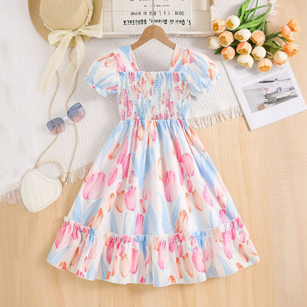 Girls Multicolor Tulip Print Smocked Casual Midi Dress Casual Dresses Multicolor 3-4 Y