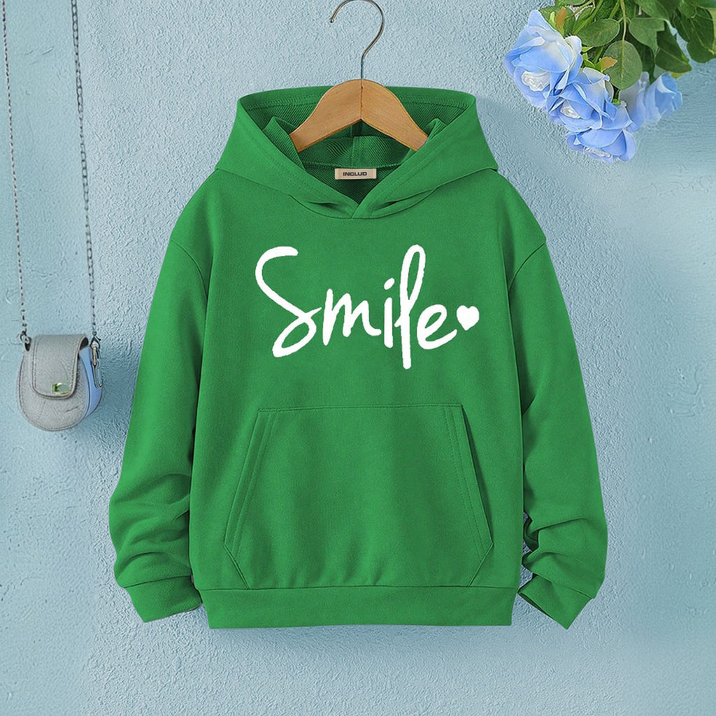 Girls Green Smile Printed Hooded Sweatshirt Sweatshirts & Hoodies Green 7-8 Y