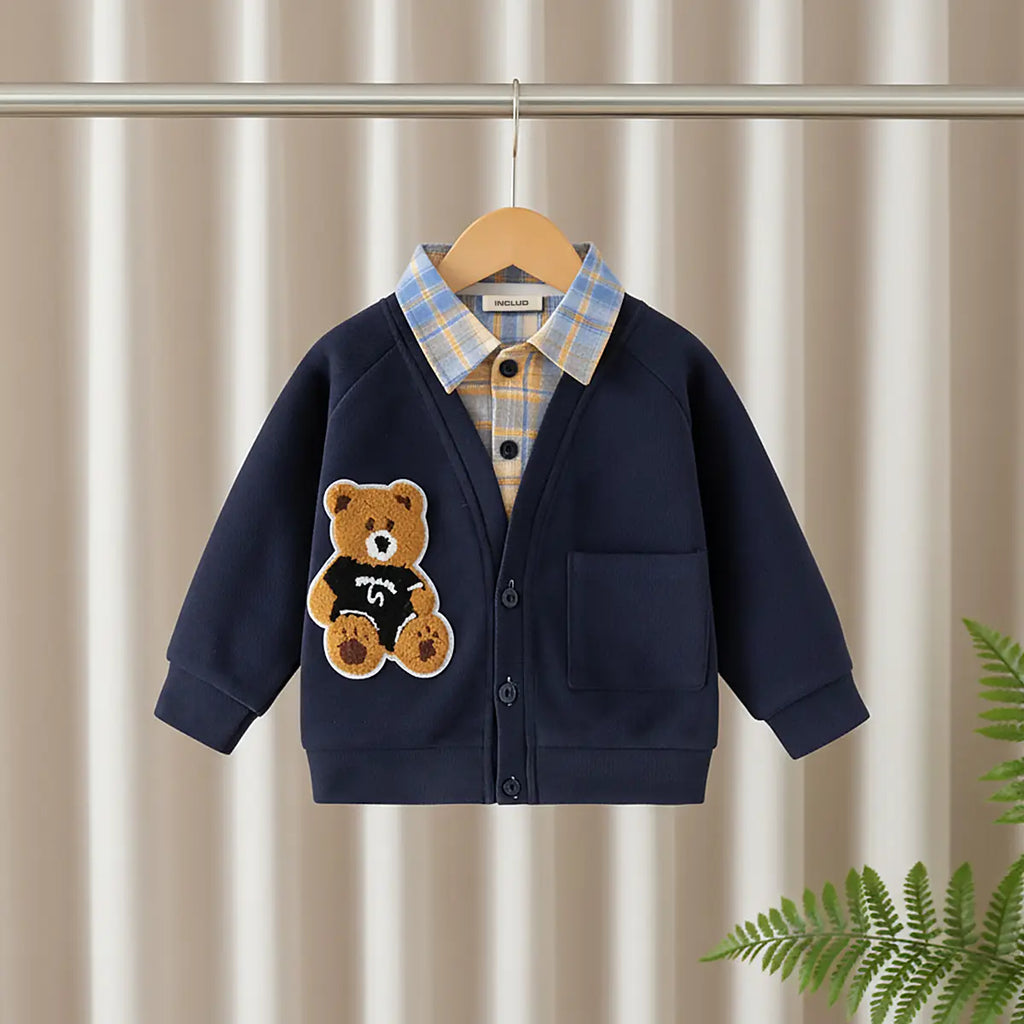 Boys Navy Blue Teddy Bear Applique Cardigan With Shirt Collar Sweaters & Cardigans Navy Blue 1-2 Y