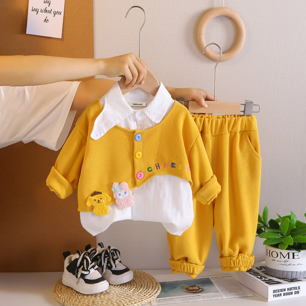 Girls Yellow Embroidered Top With Striped Shirt & Joggers Set Sets Yellow 1-2 Y
