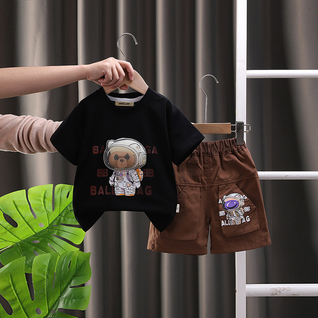 Boys Black Astronaut Printed Short Sleeves T-Shirt With Shorts Set 2 pc. Sets Black 1-2 Y
