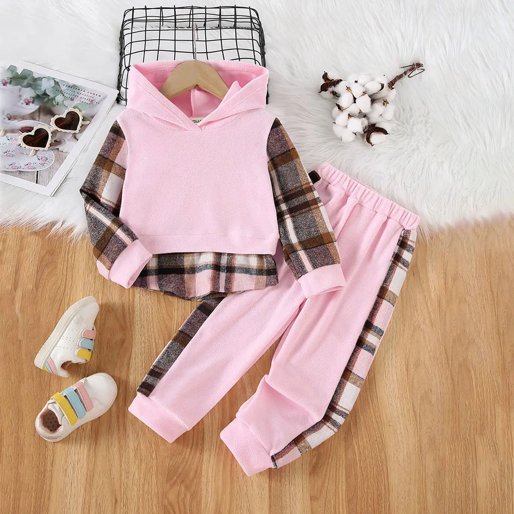 Girls Pink Plaid Patchwork Hooded Sweatshirt With Jogger Sets 2 pc. Sets Pink 3-4 Y