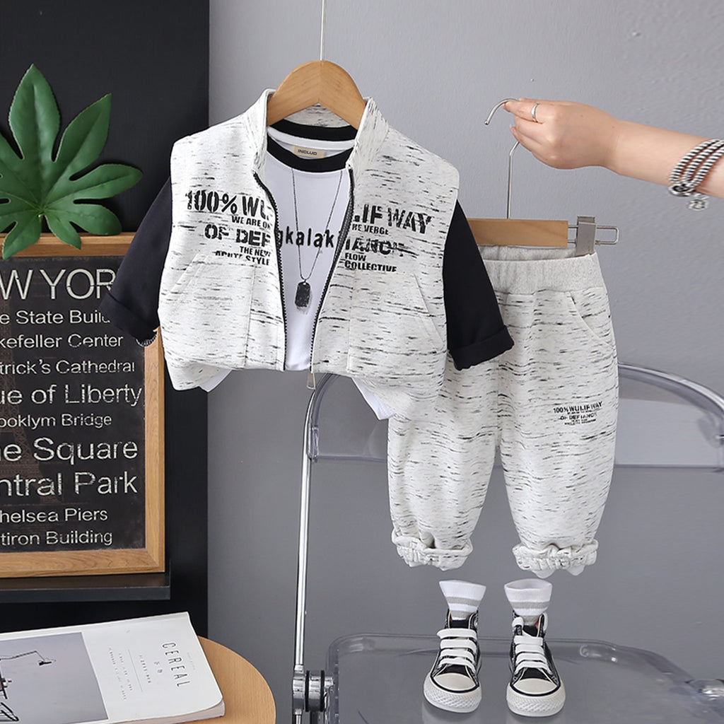Boys Black Printed Full Sleeves T-shirt with Sleeveless Jacket & Joggers Set Sets Black 1-2 Y