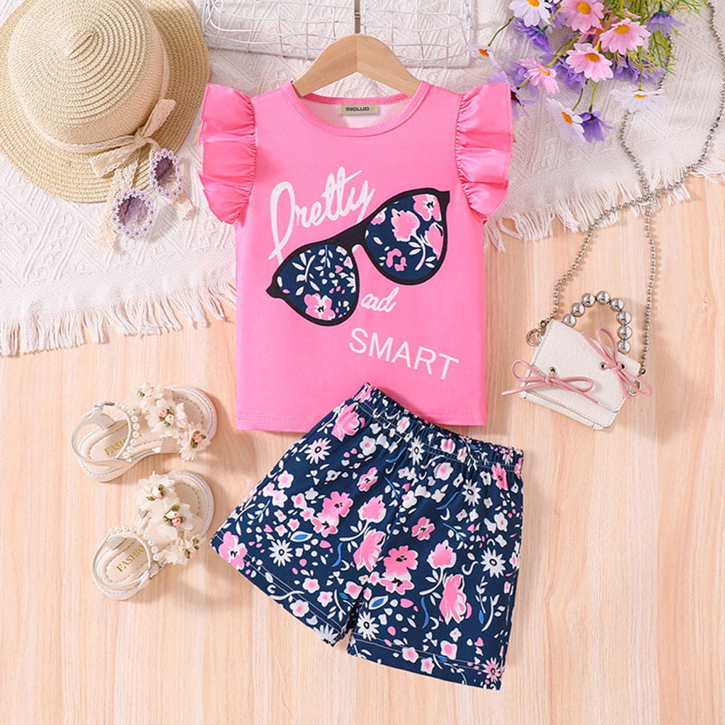 Girls Flared Sleeve Graphic Top With Printed Shorts Set Sets Pink 2-3 Y 