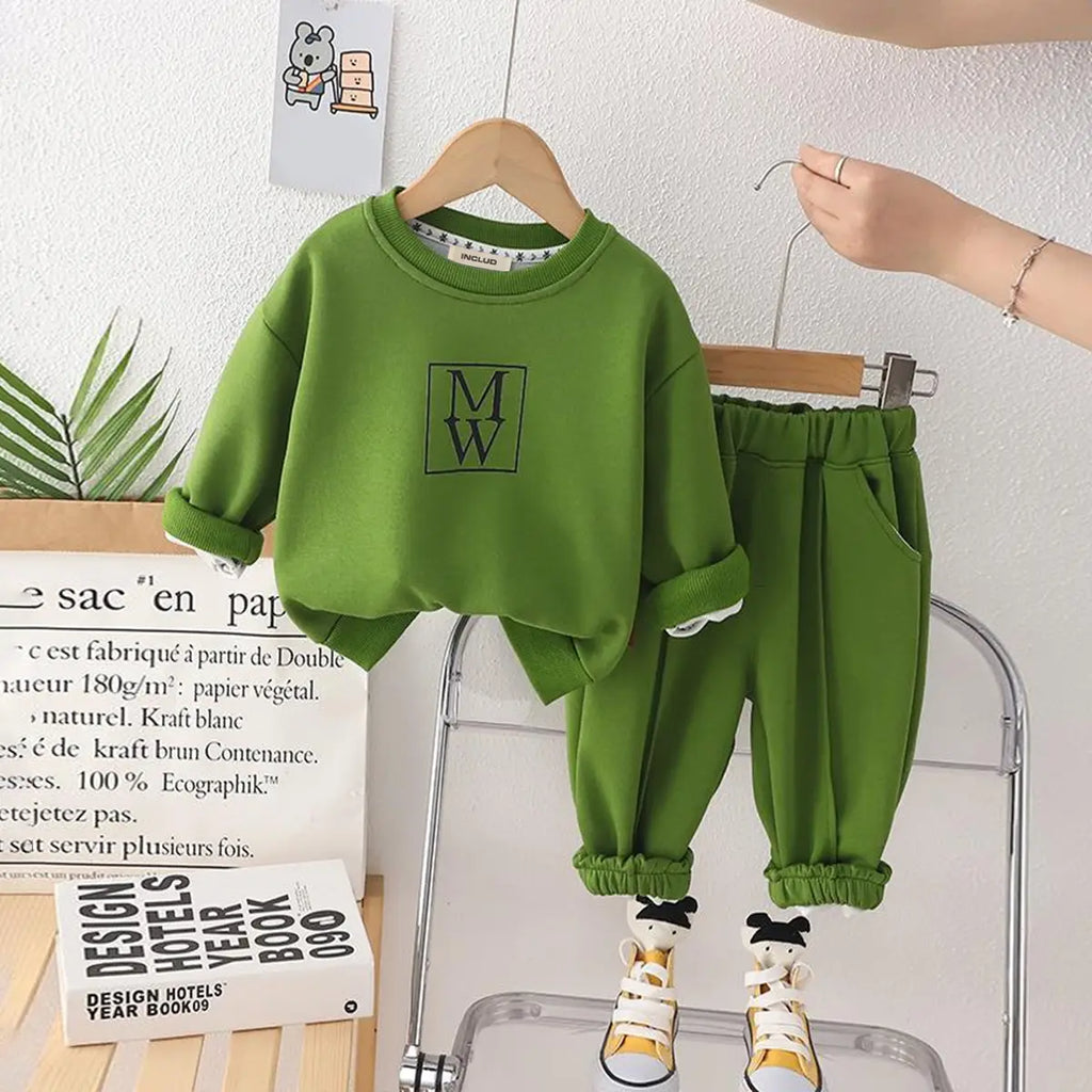 Boys Green Typographic Printed Sweatshirt With jogger Co-ord Sets Sets Green 1-2 Y