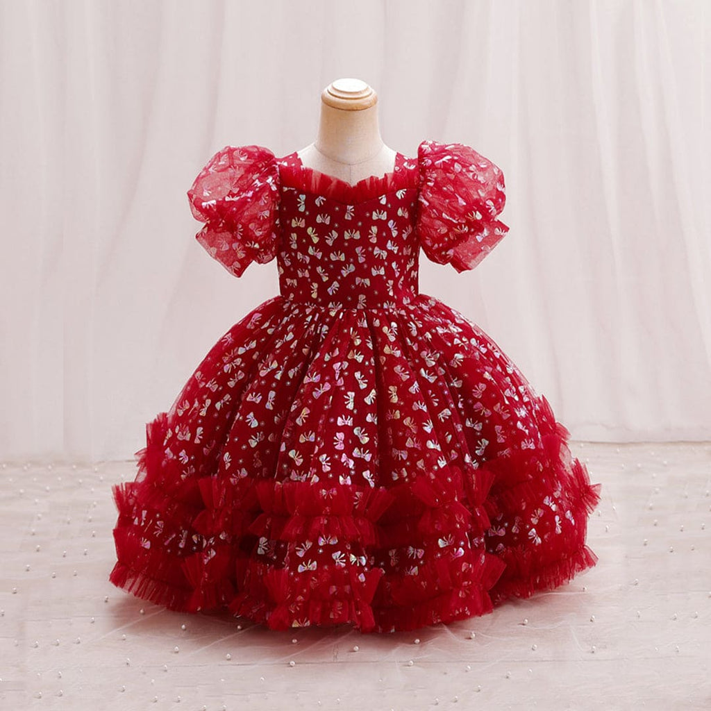 Girls Puff Sleeve Foil Print Fit & Flare Dress Party Dresses Red 1-2 Y