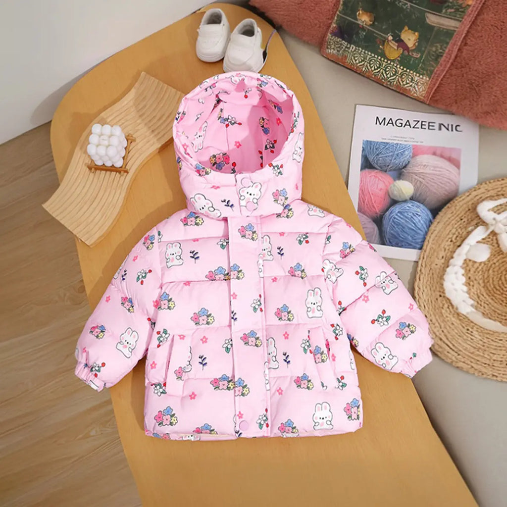 Girls Pink Allover Rabbit Cartoon Printed Hooded Jacket Coats & Jackets Pink 1-2 Y