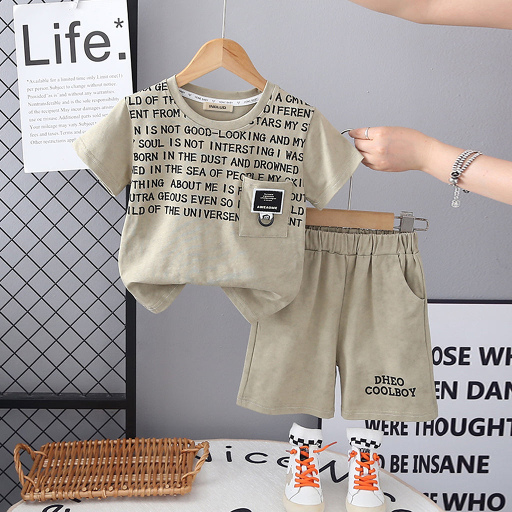 Boys Khaki Typography Printed Front Pocket T-Shirt With Shorts Set 2 pc. Sets Khaki 2-3 Y