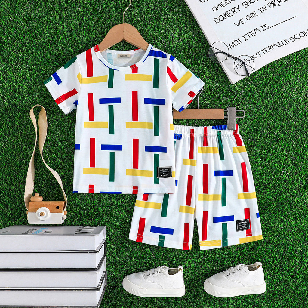 Boys White Abstract Printed Short Sleeves T-Shit With Shorts Set 2 pc. Sets White 3-4 Y