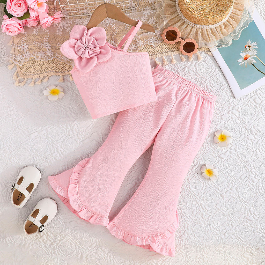 Girls Pink Textured One Shoulder Top With Flared Hem Pants Set 2 pc. Sets