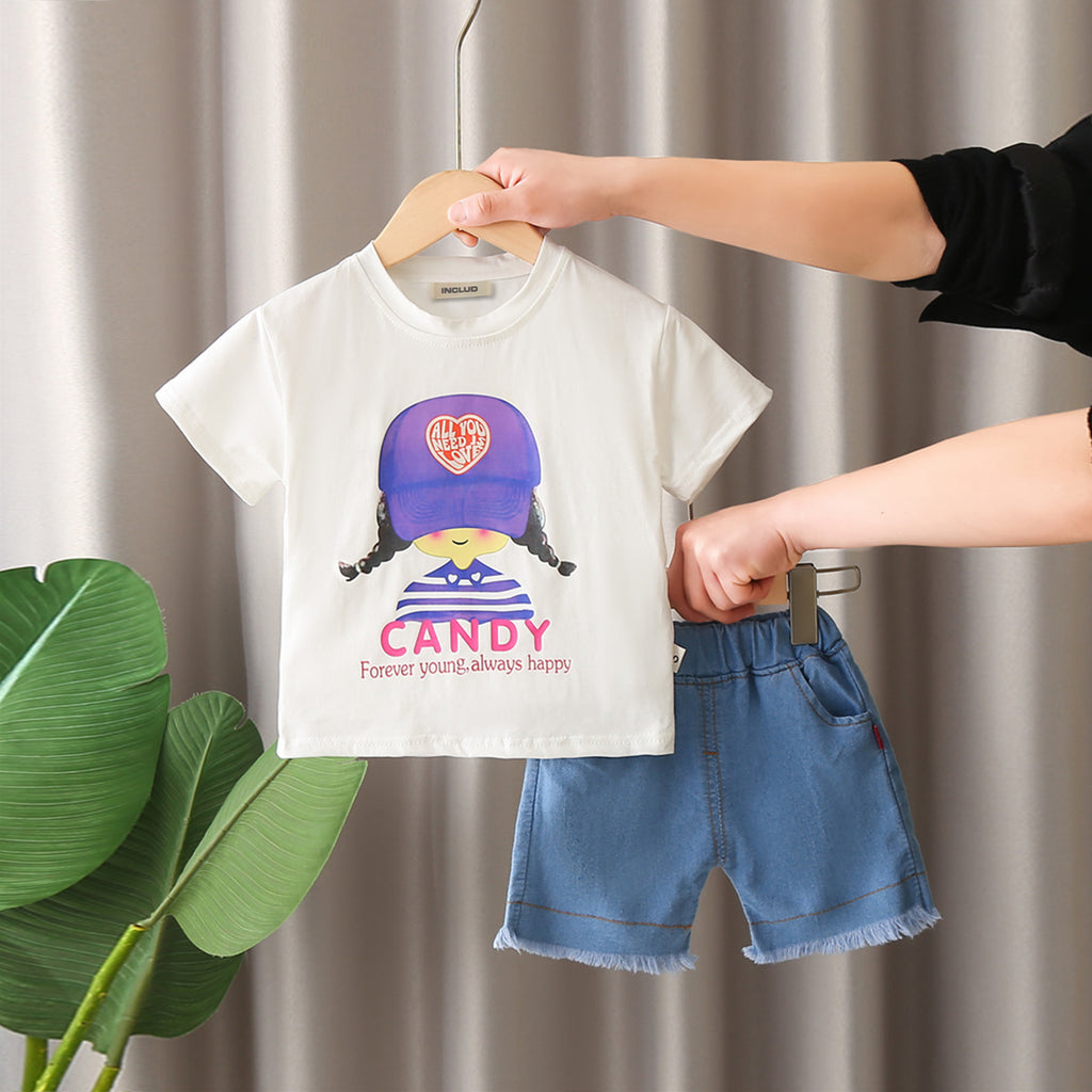 Girls White Graphic Printed Short Sleeves T-Shirt With Denim Shorts Set 2 pc. Sets White 1-2 Y