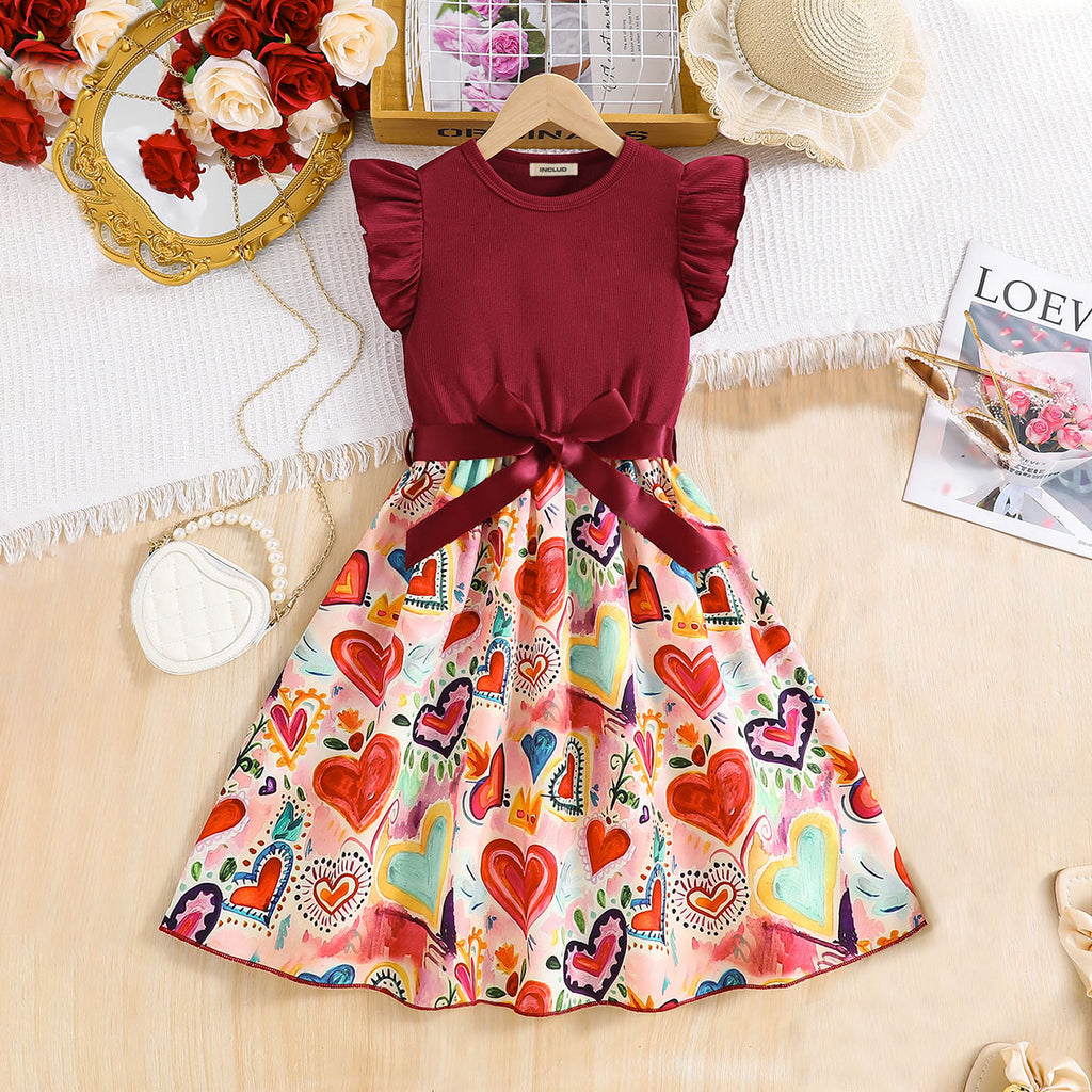 Girls Maroon Heart Printed Flutter Sleeves Fit And Flared Midi Dress Casual Dresses Maroon 3-4 Y