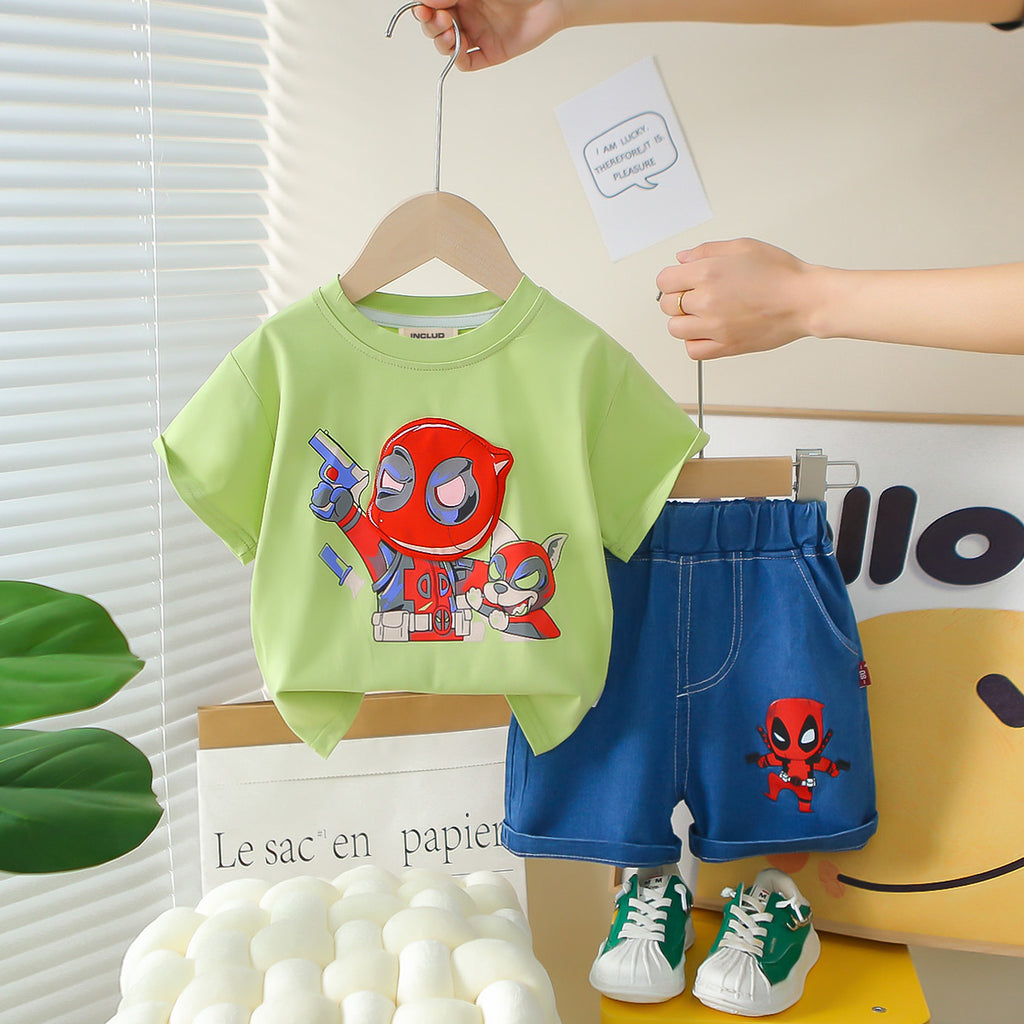 Boys Green Cartoon Printed Short Sleeves T-Shirt With Denim Shorts Set 2 pc. Sets Green 1-2 Y