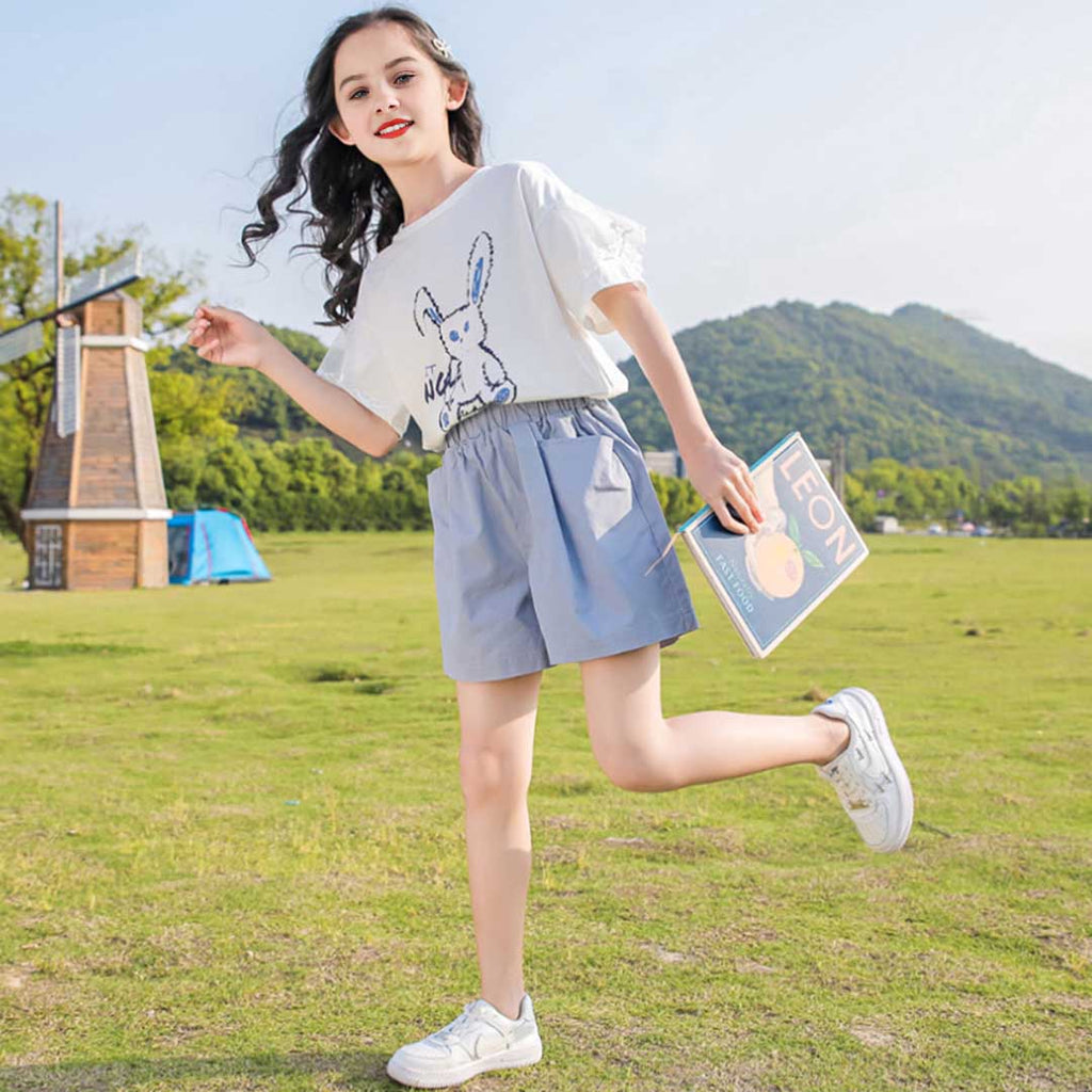 Girls Rabbit Graphic T-Shirt With Shorts Set 2 pc. Sets Light Blue 5-6 Y 