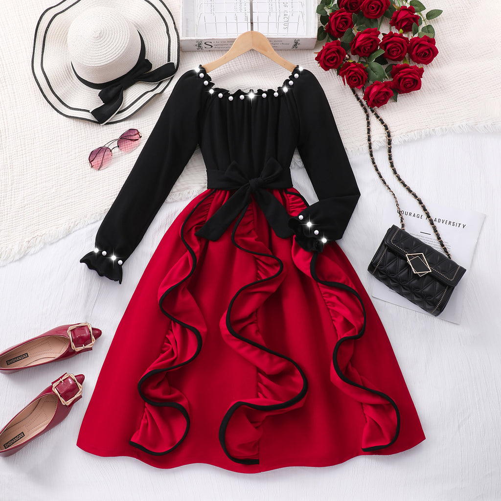 Girls Red Solid Beaded Long Sleeves Fit & Flare Dress Casual Dresses Red 7-8 Y