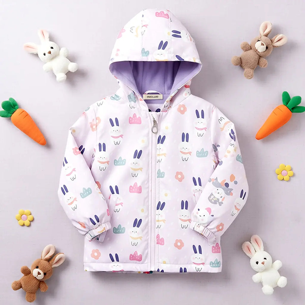 Girls Light Purple Rabbit Printed Reversible Hooded Zipper Jacket Coats & Jackets Purple 3-4 Y