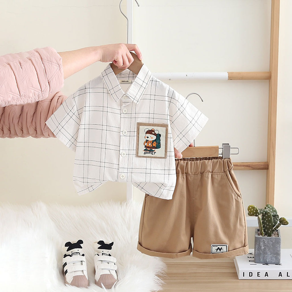 Boys White Checkered Short Sleeves Shirt With Shorts Set 2 pc. Sets