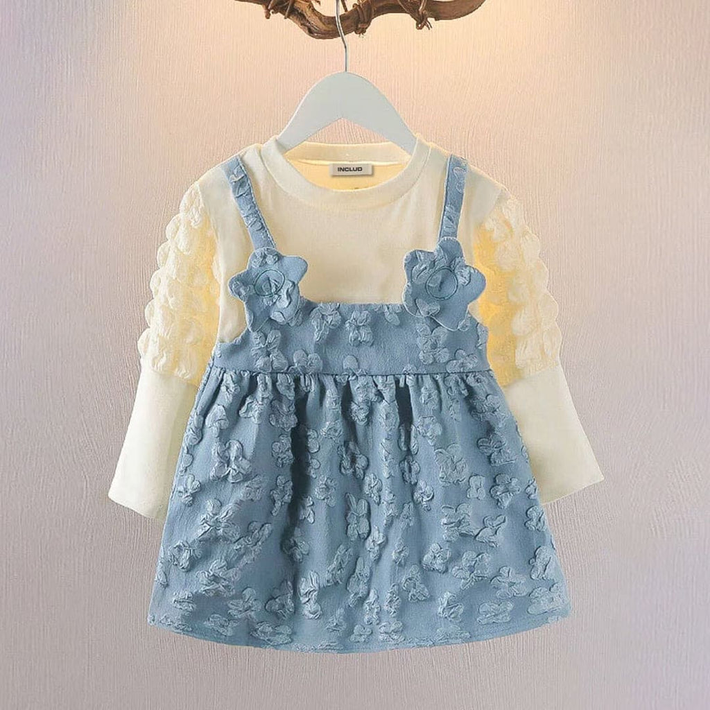Girls Textured Long Sleeves Dress Casual Wear Dress Blue 18 - 24 M