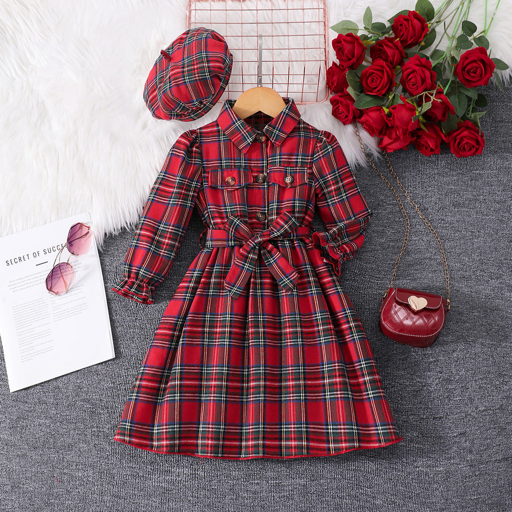 Girls Red Checked Winter Shirt Dress With Beret Hat Casual Dresses Red 3-4 Y