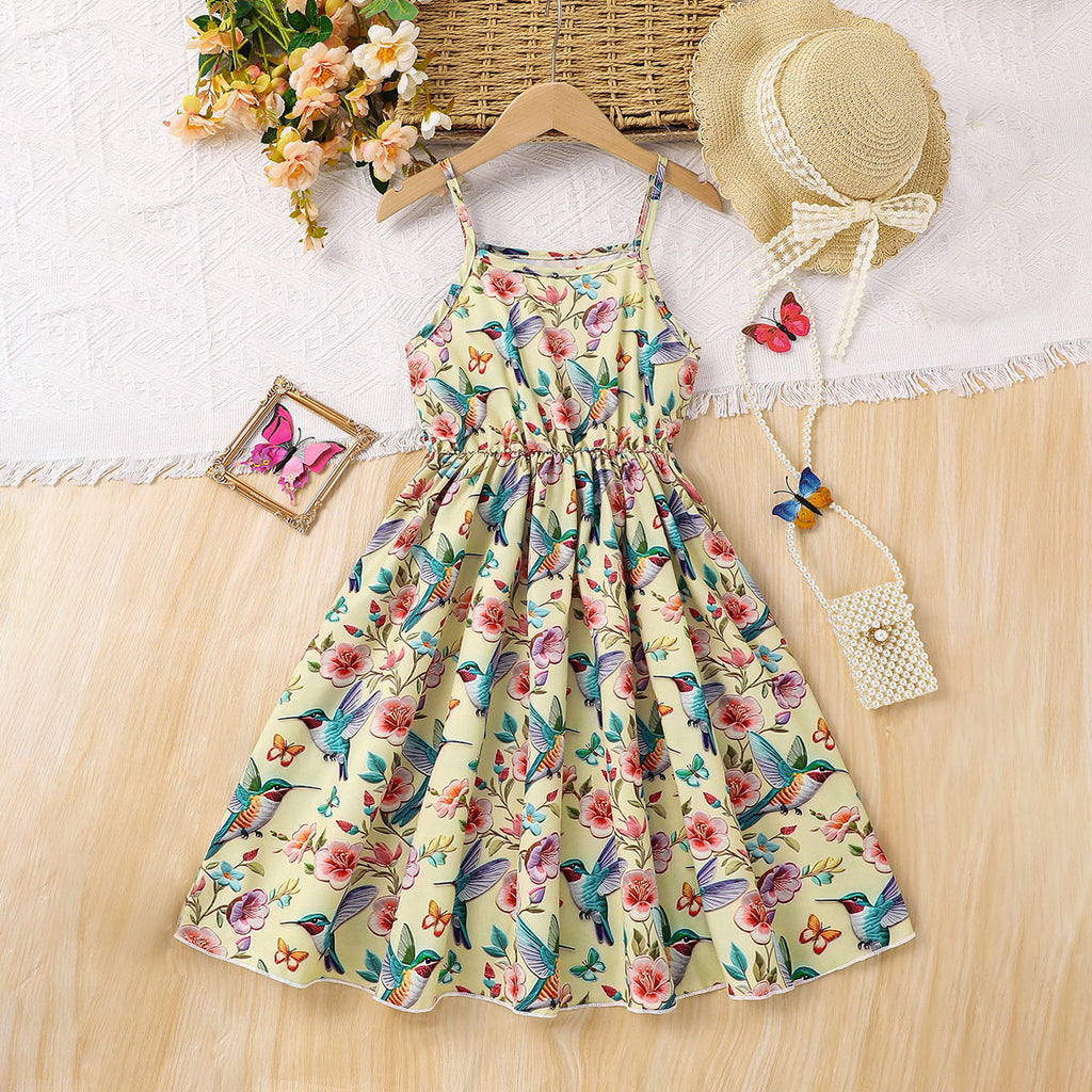 Girls Multicolored Birds Printed Fit & Flare Dress Casual Dresses