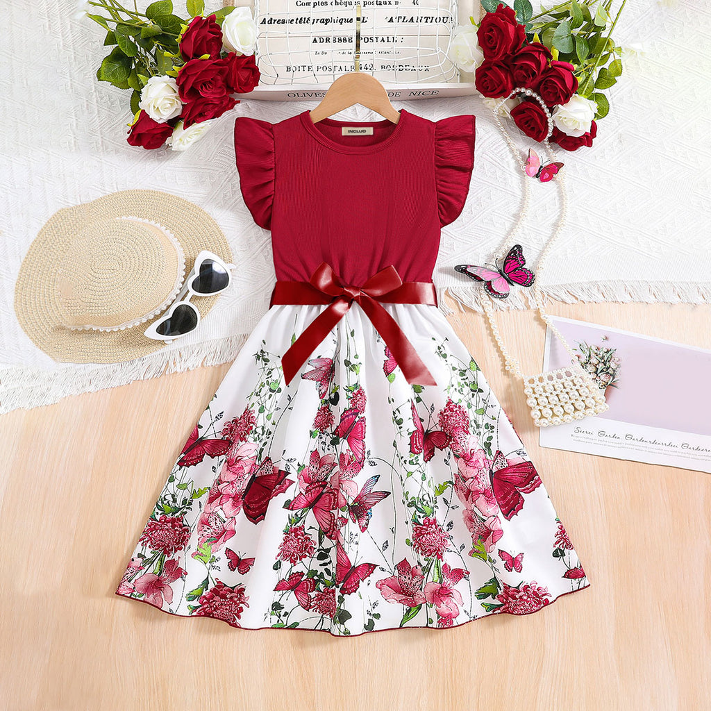 Girls Maroon Butterfly Printed Flutter Sleeves Fit And Flared Midi Casual Dress Casual Dresses