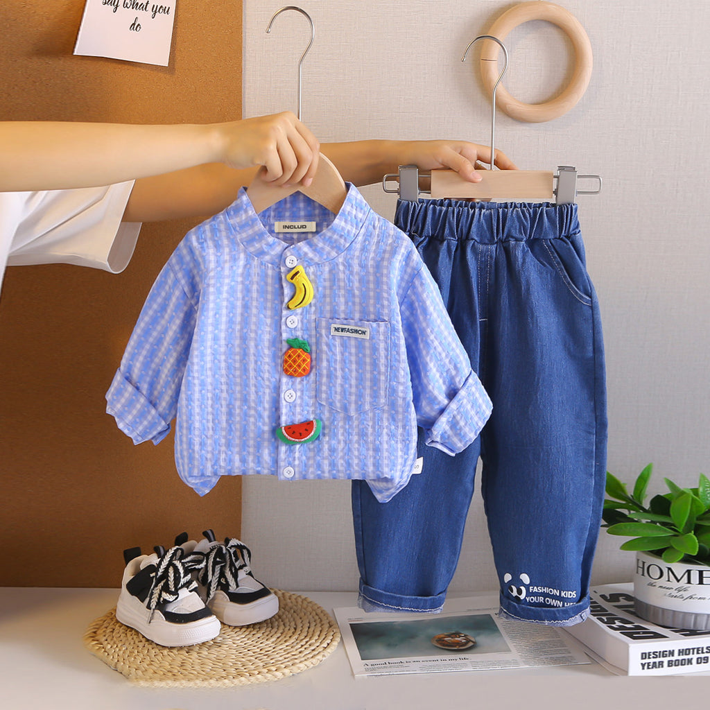 Boys Blue Stripes Fruits Applique Shirt With Denim Pants Set 2 pc. Sets Blue 1-2 Y