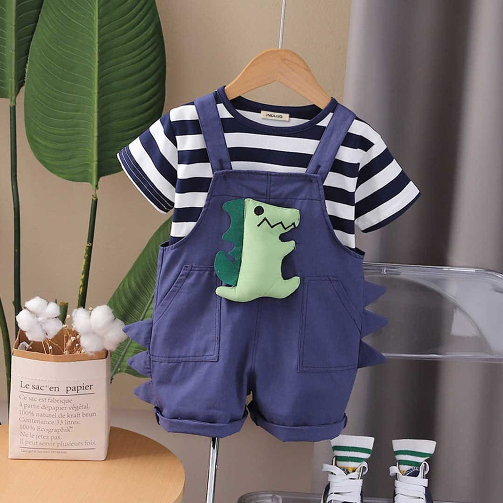 Boys Short Sleeve Striped T-Shirt With Toy Applique Dungaree Set 2 pc. Sets Blue 1-2 Y 
