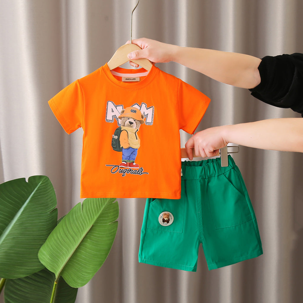 Boys Orange Teddy With Bag Pack Printed T-Shirt With Shorts set 2 pc. Sets Orange 1-2 Y