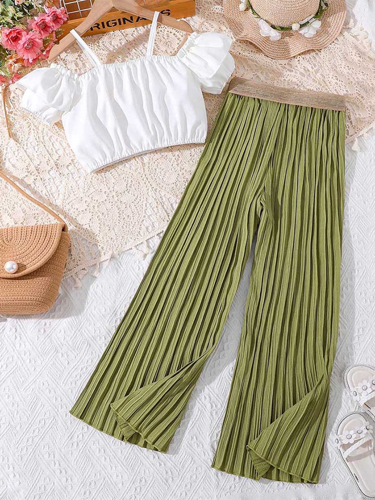 Girls Short Sleeve Crop Top With Pleated Pants Set 2 pc. Sets White 8-9 Y 