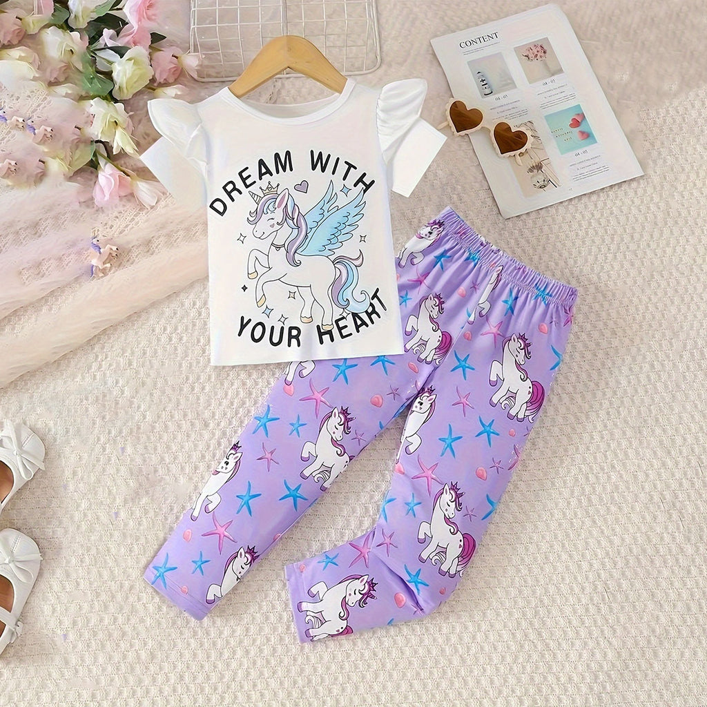 Girls Unicorn Print Short Sleeve T-Shirt With Purple Printed Pants Set 2 pc. Sets Purple 3-4 Y