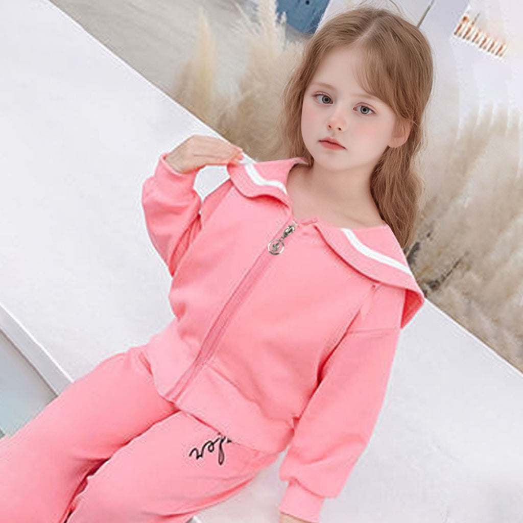 Girls Pink Grey Cat Printed Navy Collar Front Zipper Jacket Sweatshirts & Hoodies Pink 2-3 Y