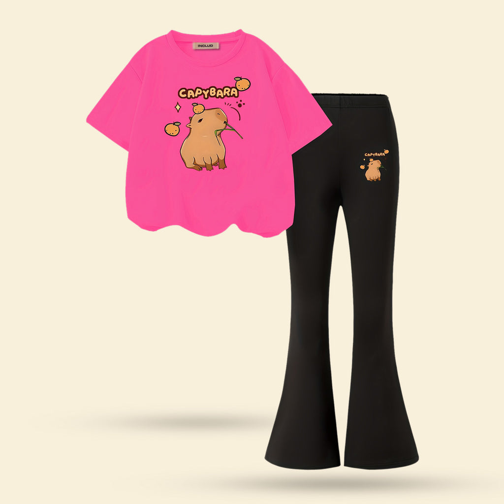 Girls Fuchsia Cartoon Graphic Short Sleeve Top With Bell Bottom Pants Set 2 pc. Sets Fuchsia 7-8 Y