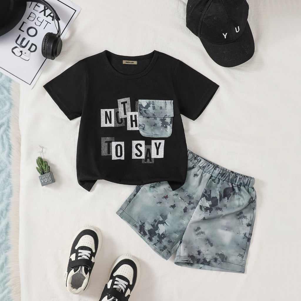 Boys Black Typographic Printed Contrast Patch Pocket T-Shirt With Shorts Set 2 pc. Sets Black 3-4 Y