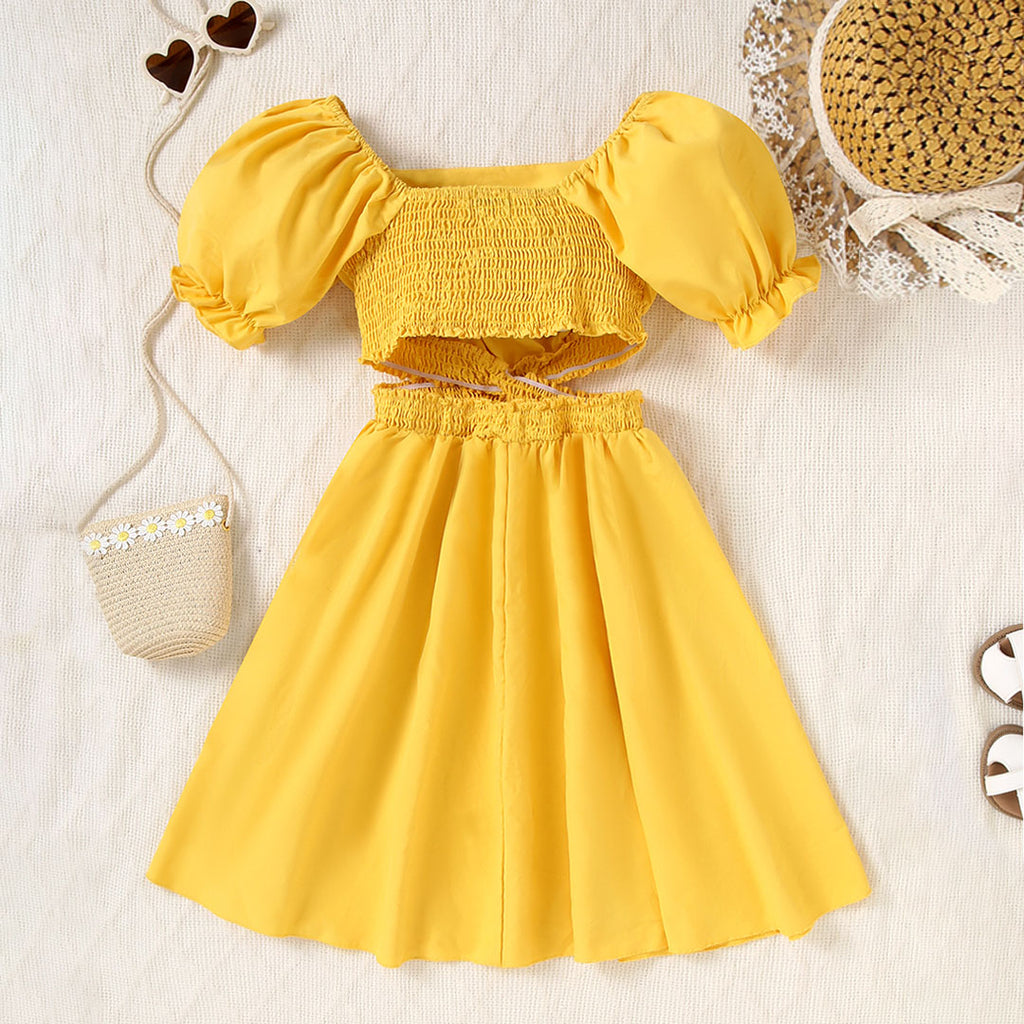 Girls Yellow Square Neck Short Sleeve Cross Waist Dress Casual Dresses Yellow 12-13 Y