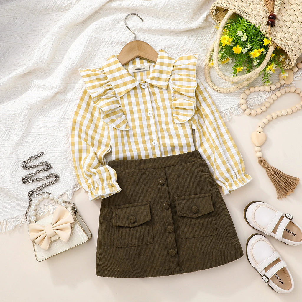 Girls Yellow Checked Long Sleeves Top With Skit Sets Sets Yellow 3-4 Y