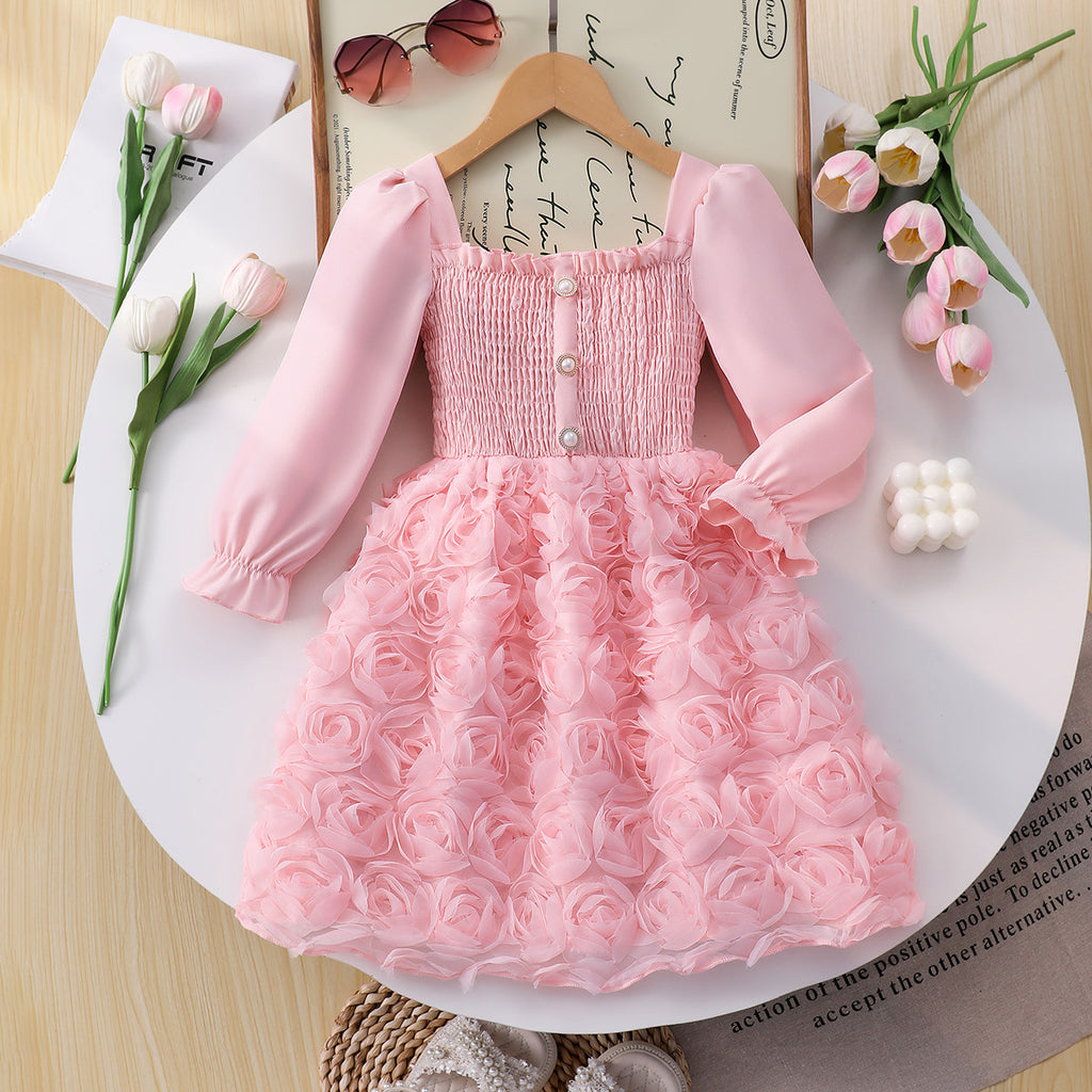 Girls Pink Flower Applique Smocked Fit & Flare Dress Casual Dresses Pink 3-4 Y