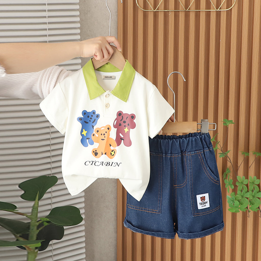 Boys Off White Teddy Printed Short Sleeves Polo T-Shirt With Denim Shorts Set 2 pc. Sets Off White 1-2 Y