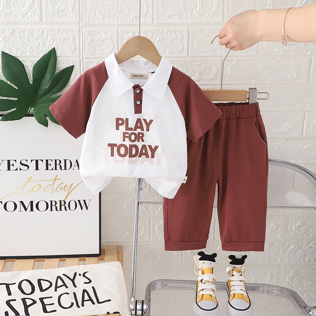 Boys Brown Typographic Printed Short Sleeves Polo T-Shirt With Pants Set 2 pc. Sets Brown 1-2 Y