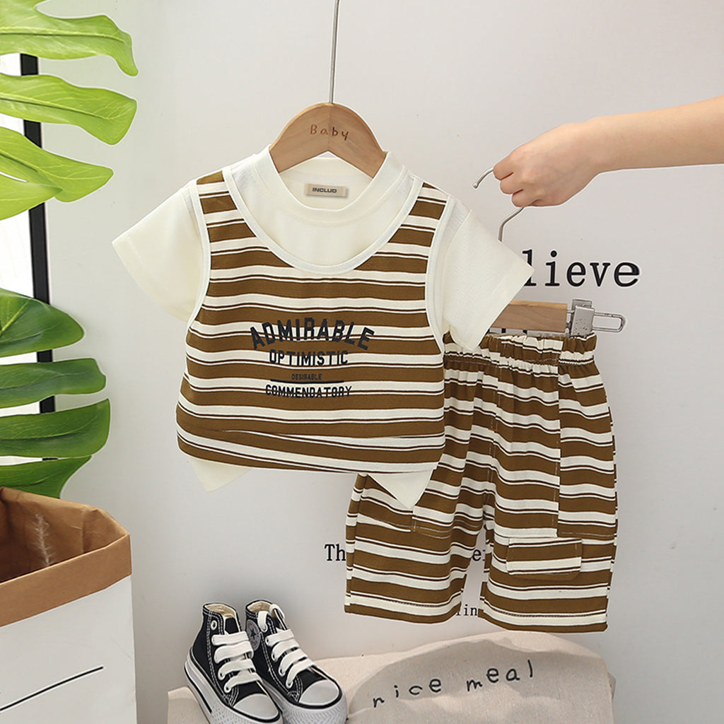Boys Brown Striped Printed Short Sleeves T-Shirt With Shorts Set 2 pc. Sets Brown 1-2 Y