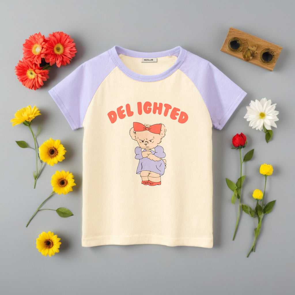 Girls Graphic Print Raglan Sleeves T-Shirt Tshirts Purple 1-2 Y 