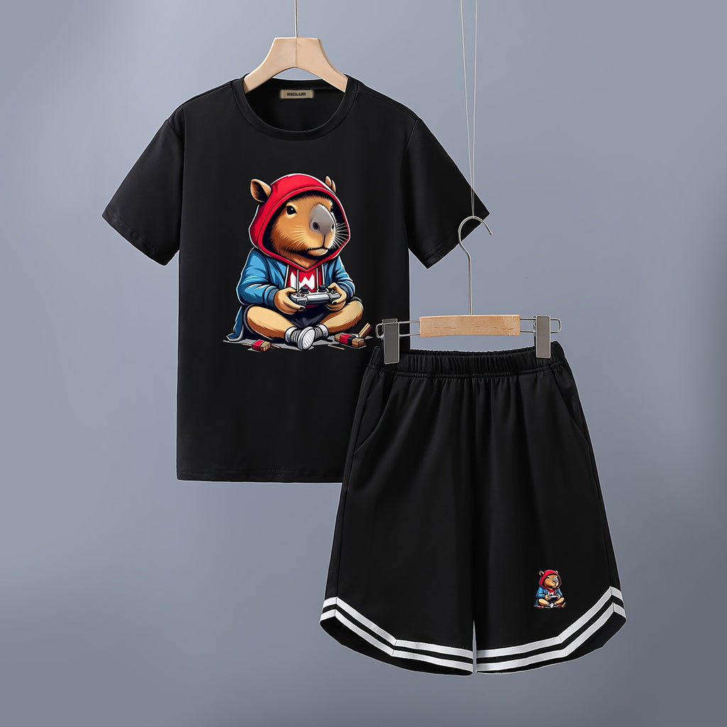 Boys Black Mouse Graphics Shorts Sleeve T-Shirt With Shorts Set 2 pc. Sets Black 5-6 Y