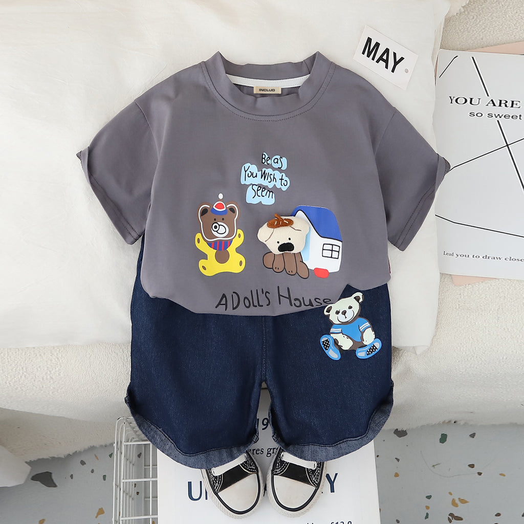 Boys Grey Dollhouse Printed T-Shirt With Denim Shorts Set 2 pc. Sets