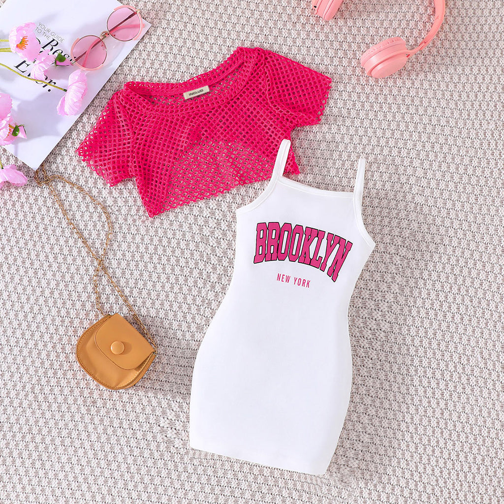 Girls Pink Short Sleeve Crop Top With Sleeveless Bodycon Dress Casual Dresses Pink 1-2 Y