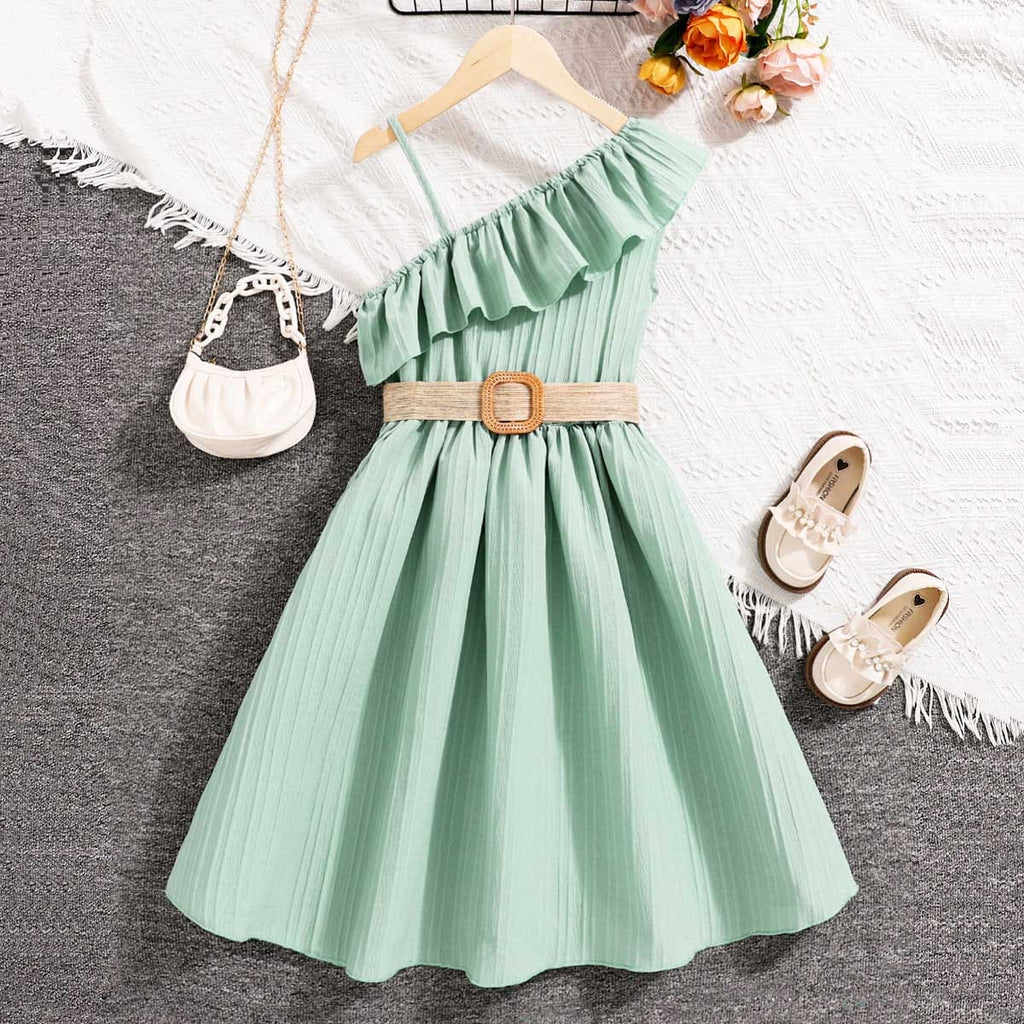 Girls One Shoulder Fit & Flare Dress Casual Dresses Green 8-9 Y 