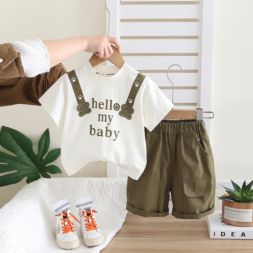 Boys Olive Green Printed Short Sleeves T-shirt with Shorts Set Sets Olive 1-2 Y