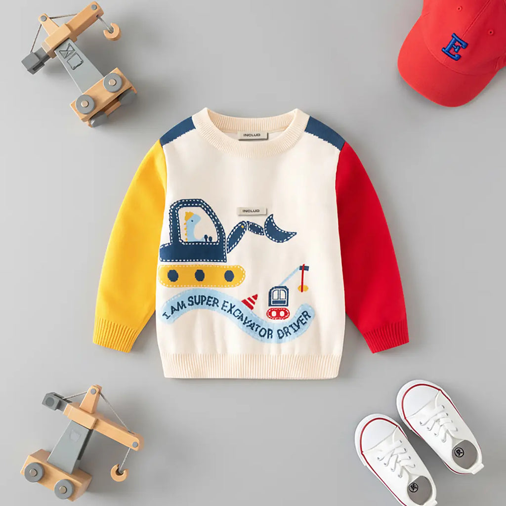 Boys Multicolor Sweater With Self-Design Excavator Theme Sweaters & Cardigans Multicolor 2-3 Y